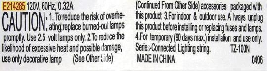 Recalled Hobby Lobby Christmas Light Set Label