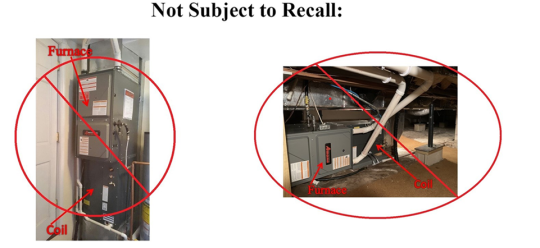召回的蒸发器盘管排水盘安装有冷凝（白管）或非冷凝（金属管）燃气炉，且不采用“上流式”盘管配置