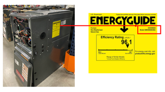 显示熔炉品牌和型号的能源指南标签的位置