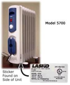 Recalled Lasko Space Heater, Model 5700