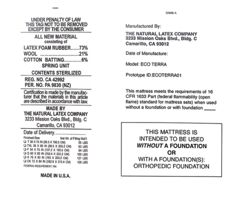 Recalled Eco Terra Hybrid Latex Mattress Label