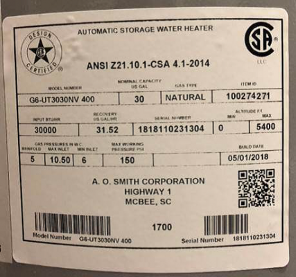 Manufacturing date of my appliance - A.O. Smith