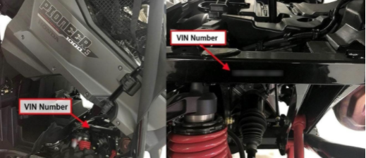 VIN location and example for recalled Honda Pioneer 700 and 1000 recreational off-highway vehicles