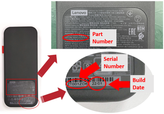 Recalled Lenovo USB-C Laptop Power Bank label