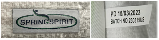 床垫一侧的标签上印有“Spring Spirit”字样，另一侧的标签上印有批号230315US和生产日期。