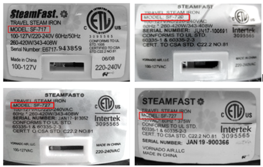 Números de modelo en la parte posterior de las planchas de Steamfast retiradas del mercado