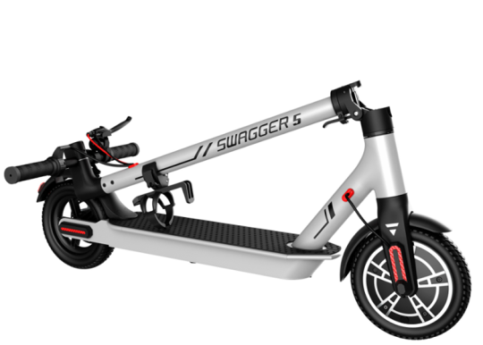 Recalled Silver Swagtron SG-5 Swagger 5 Boost Commuter Electric Scooter (folded)