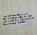 Label of recalled Casa Kids Cabina Bunk Bed - May 2019
