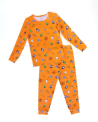 Pijama de dos piezas retirado del mercado en tela naranja con caramelos, cubos Jack-O-Lantern y paletas surtidas