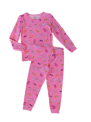 Pijama de dos piezas retirado del mercado en tela rosada con aviones, arcoíris, palmeras, anteojos de sol en forma de corazón y maletas
