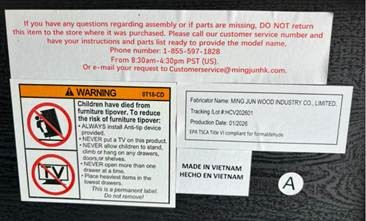 “Tracking/Lot #: HCV202601” and “Production Date: 01/2026” are printed on a label under the dressers’ top panel