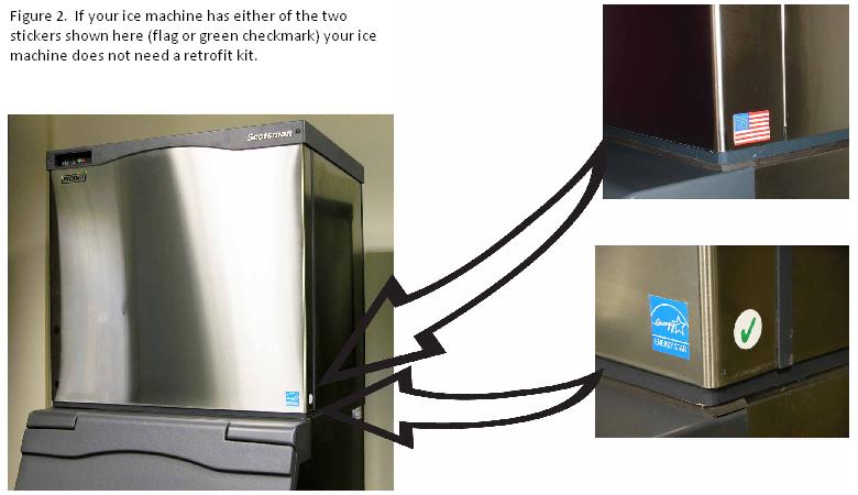Figure 2.  If your ice machine has either of the two stickers shown here (flag or green checkmark) your ice machine does not need a retrofit kit.