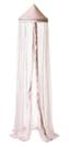 Light pink pointed canopy with pink lace and sequins sewn on the sheer light pink fabric 